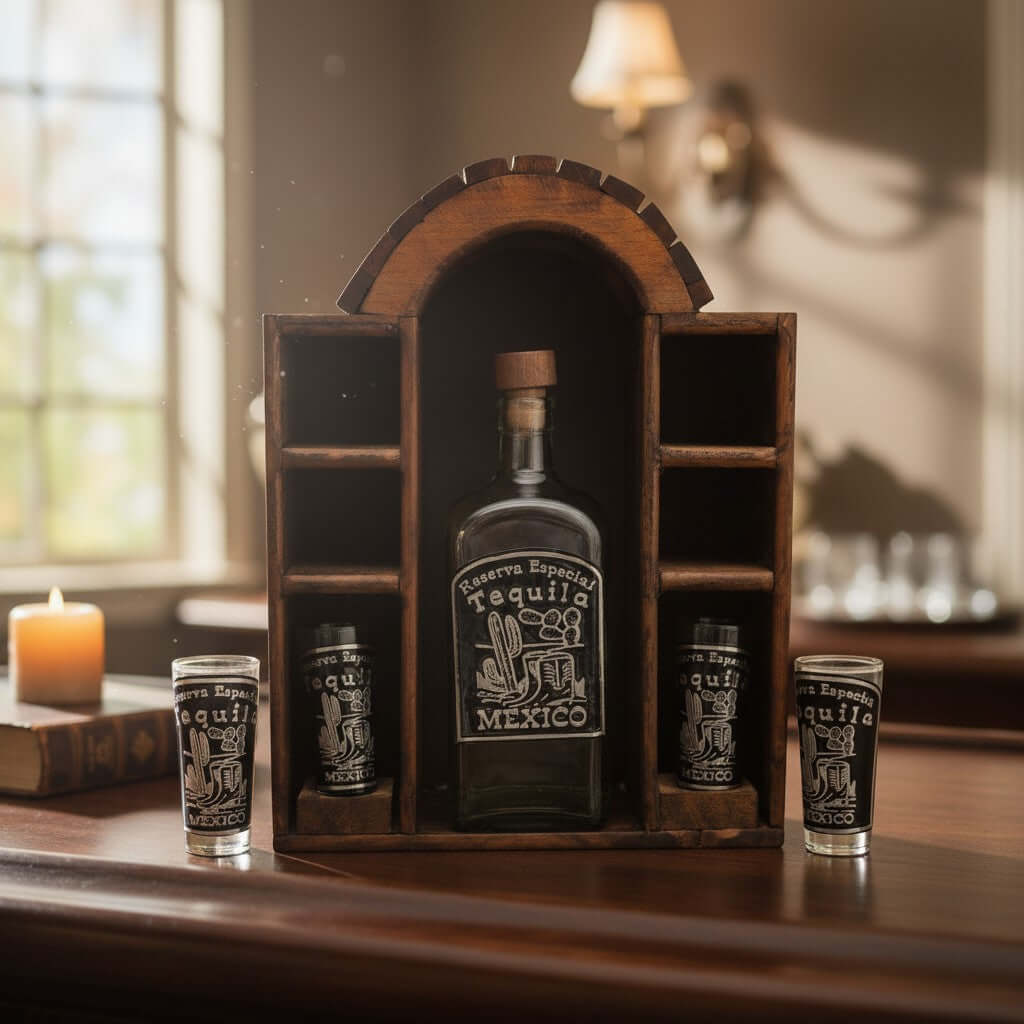 Mexican Tequila Decanter Set | 6 Shot Glasses & Wooden Display