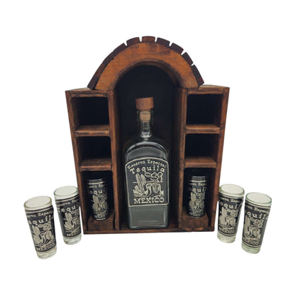Mexican Tequila Decanter Set | 6 Shot Glasses & Wooden Display