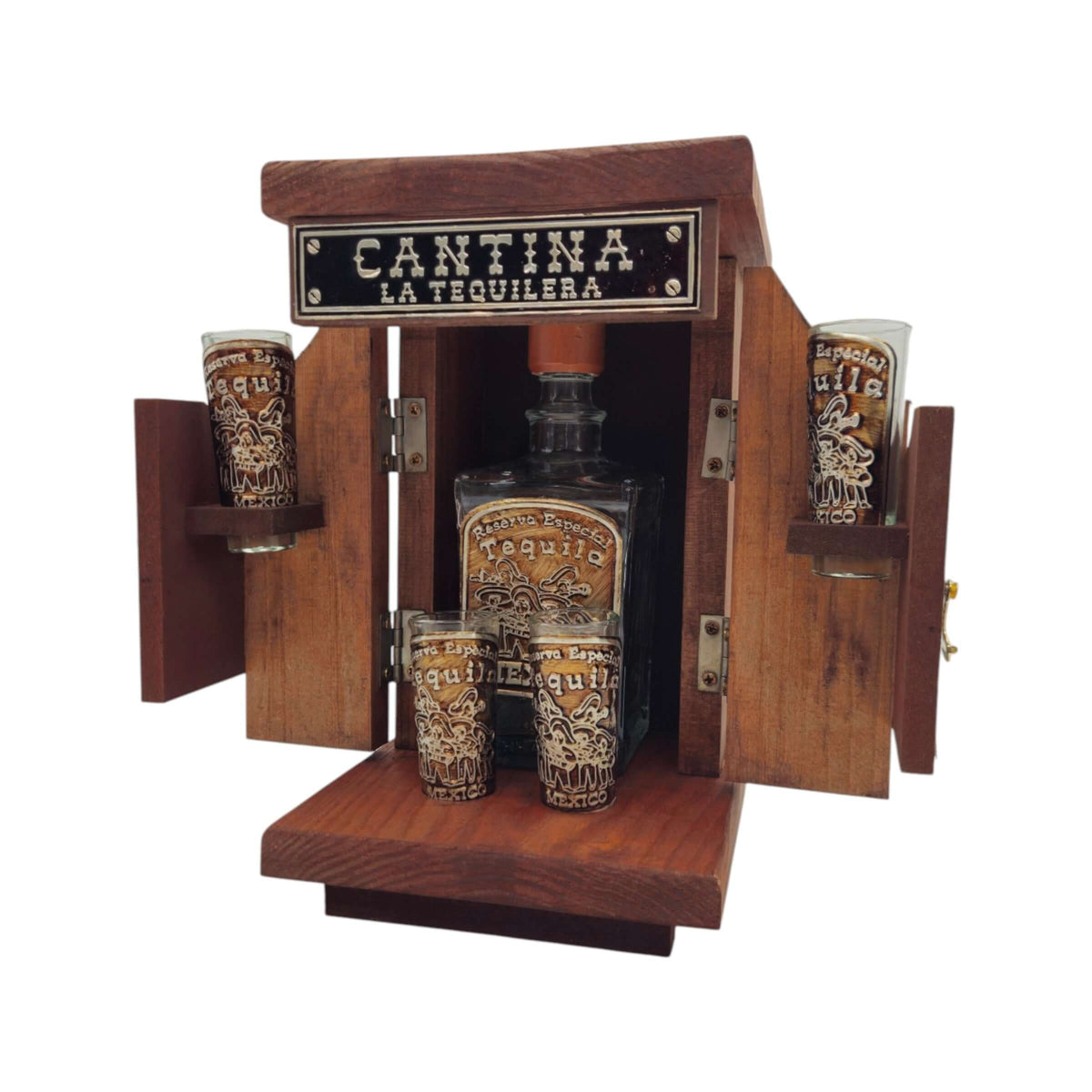 Mexican Tequila Decanter Set | Wooden Cantina Box & 4 Shot Glasses