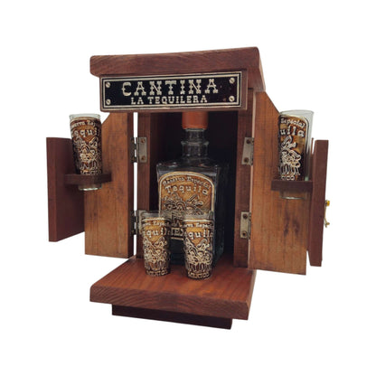 Mexican Tequila Decanter Set | Wooden Cantina Box & 4 Shot Glasses