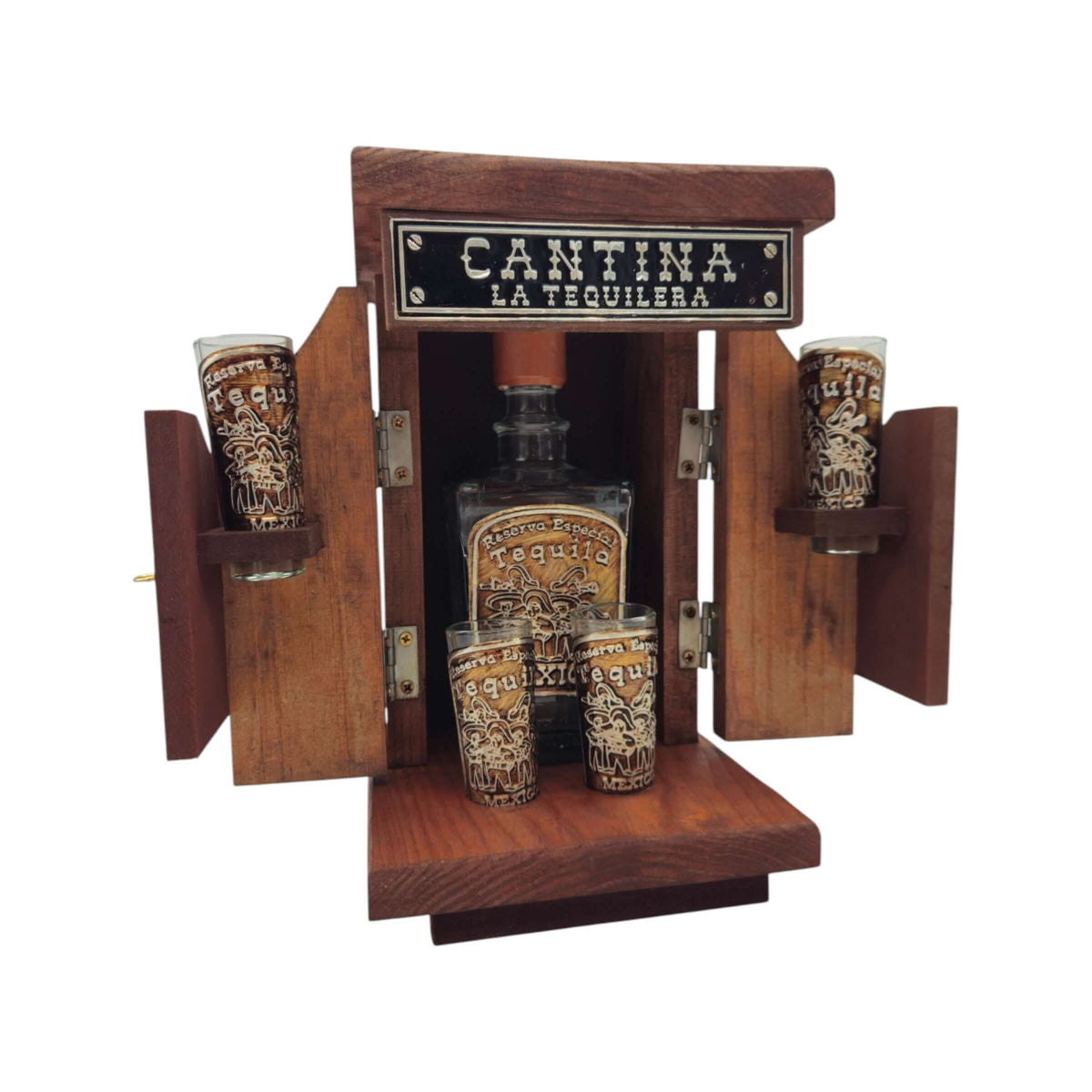 Mexican Tequila Decanter Set | Wooden Cantina Box & 4 Shot Glasses