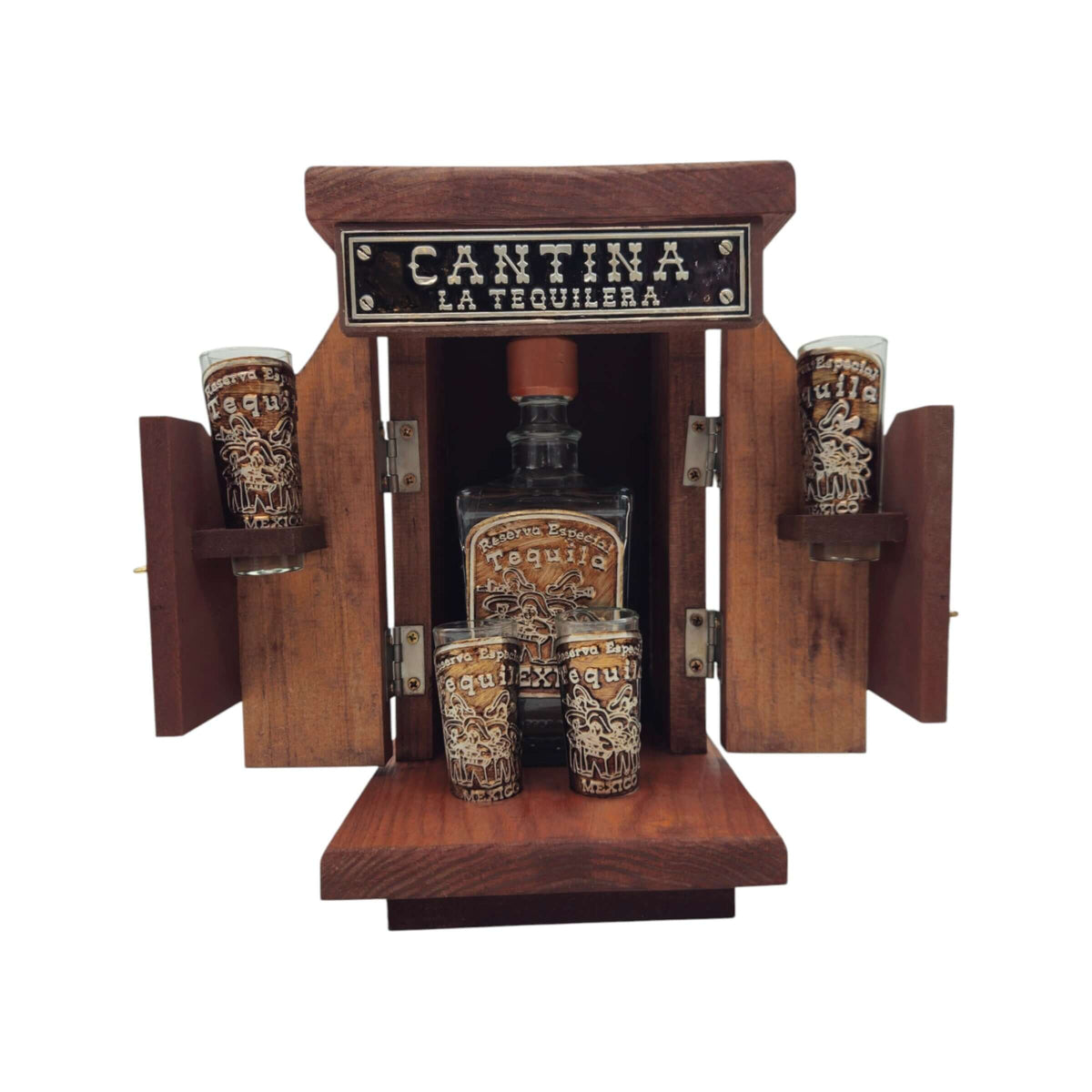 Mexican Tequila Decanter Set | Wooden Cantina Box & 4 Shot Glasses