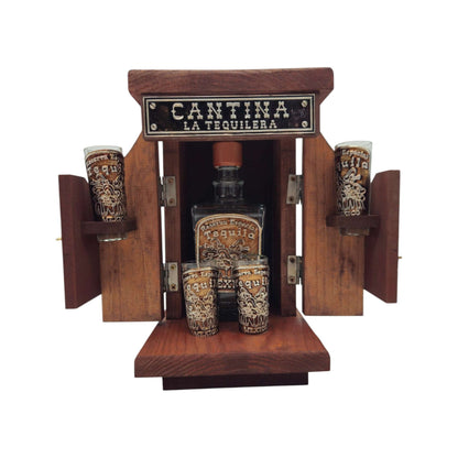 Mexican Tequila Decanter Set | Wooden Cantina Box & 4 Shot Glasses