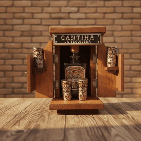 Mexican Tequila Decanter Set | Wooden Cantina Box & 4 Shot Glasses