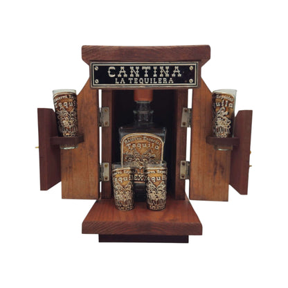 Mexican Tequila Decanter Set | Wooden Cantina Box & 4 Shot Glasses