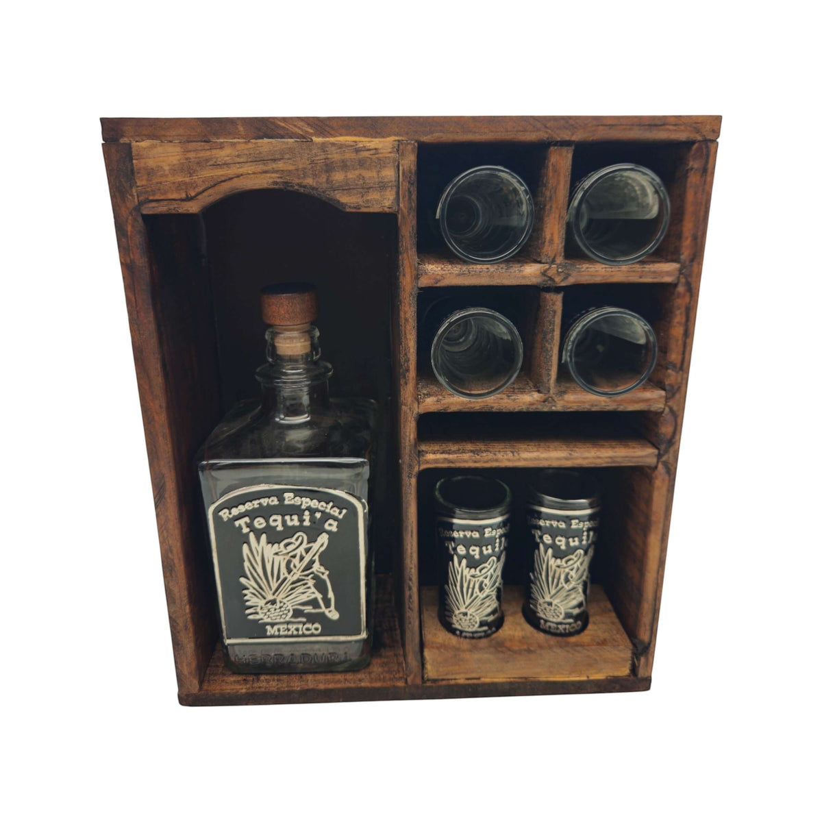 Mexican Tequila Decanter & Shot Glass Set | Rustic Wooden Display