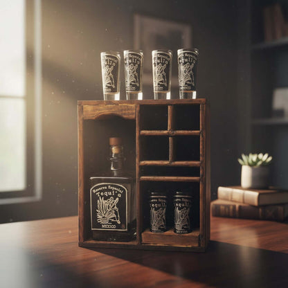 Mexican Tequila Decanter & Shot Glass Set | Rustic Wooden Display
