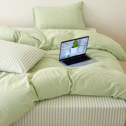 Pistachio Green Striped Duvet Cover Set