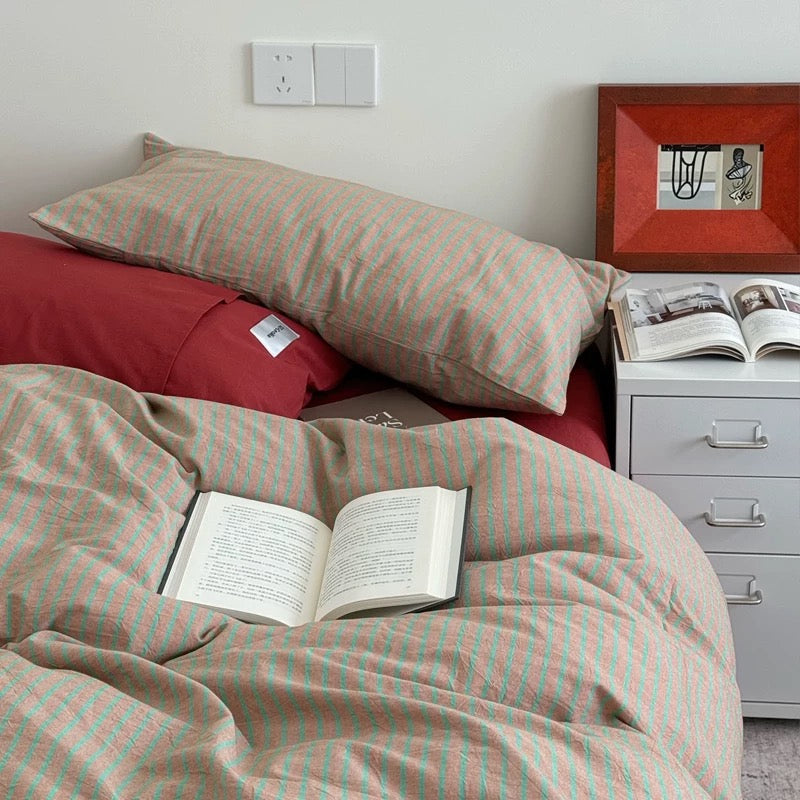 Red & Beige Striped Cotton Bedding Set