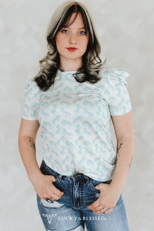 LUCKY & BLESSED Mint Horse Print Puff Sleeve Western Ribbed Top — Allover Horse Print Cowgirl Staple