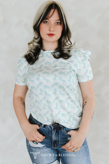 LUCKY & BLESSED Mint Horse Print Puff Sleeve Western Ribbed Top — Allover Horse Print Cowgirl Staple