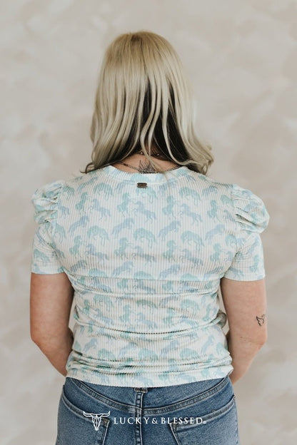 LUCKY & BLESSED Mint Horse Print Puff Sleeve Western Ribbed Top — Allover Horse Print Cowgirl Staple