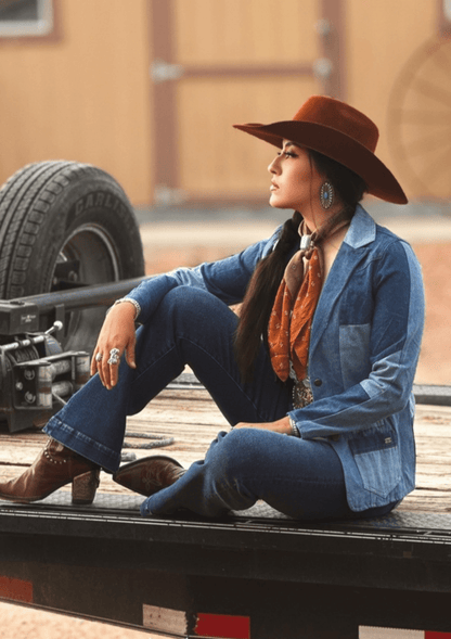 LUCKY & BLESSED "The Outlaw" Multi-Denim Patchwork Western Blazer — Tailored Silhouette with Functional Pockets