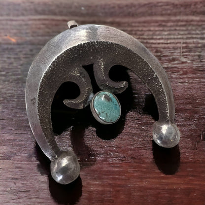 Vintage Native American Handcrafted Sandcast Sterling Silver Naja Pendant with Turquoise (Heirloom)