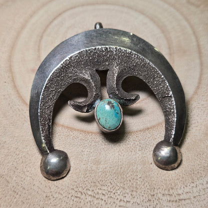 Vintage Native American Handcrafted Sandcast Sterling Silver Naja Pendant with Turquoise (Heirloom)