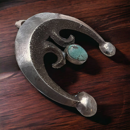 Vintage Native American Handcrafted Sandcast Sterling Silver Naja Pendant with Turquoise (Heirloom)