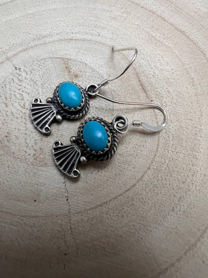 Sharon McCarthy Navajo Hand-Stamped Kingman Turquoise Sterling Drop Earrings — 1/2"