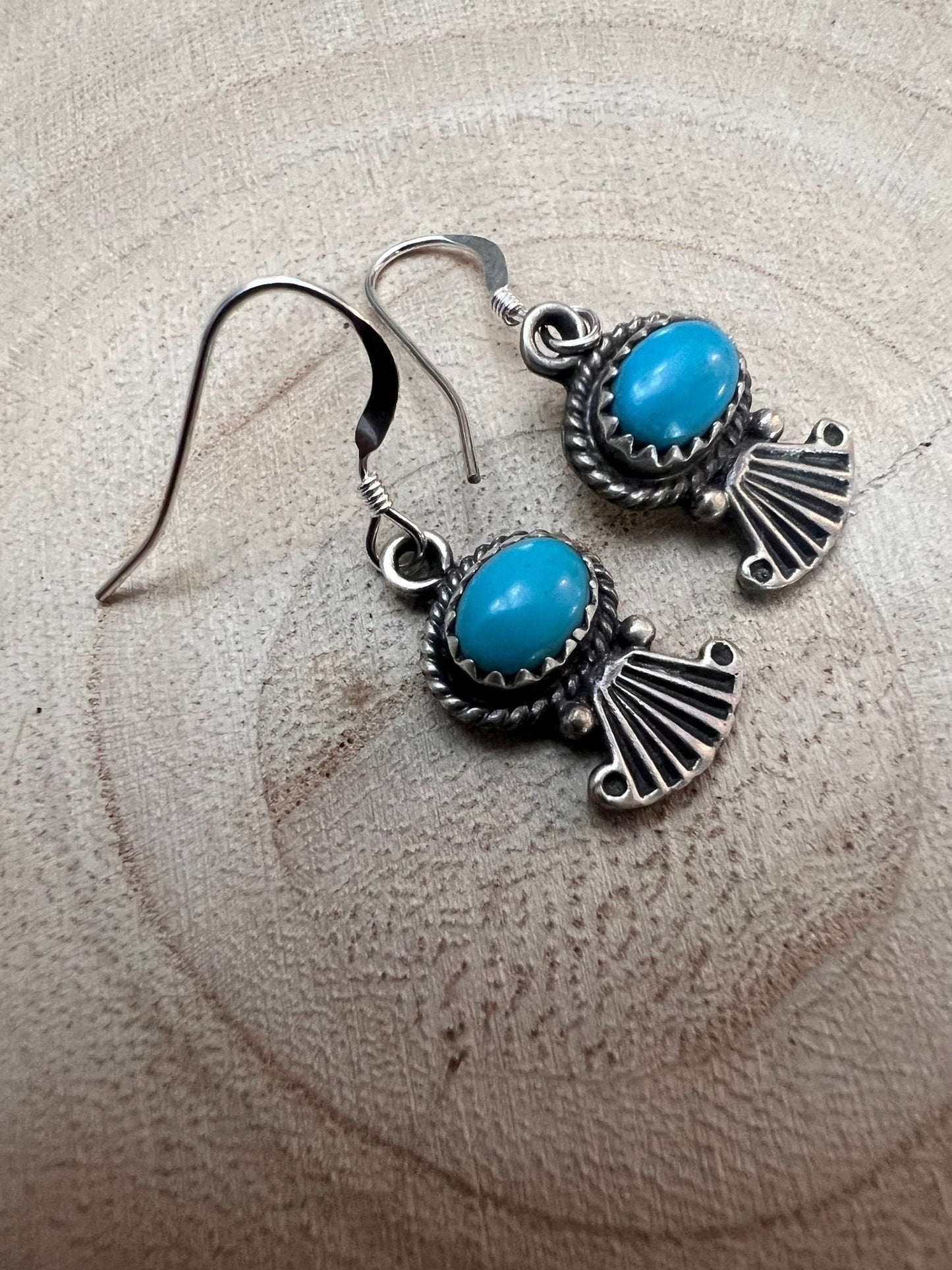 Sharon McCarthy Navajo Hand-Stamped Kingman Turquoise Sterling Drop Earrings — 1/2"