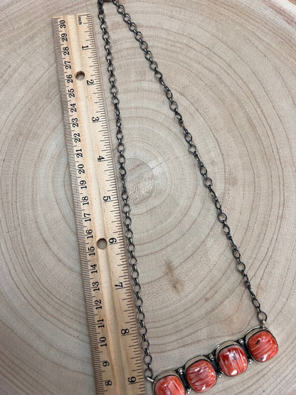 Tia Long Navajo Handmade Sterling Silver Spiny Oyster Necklace — 18" (4 Cabochons, Sterling Stamped)