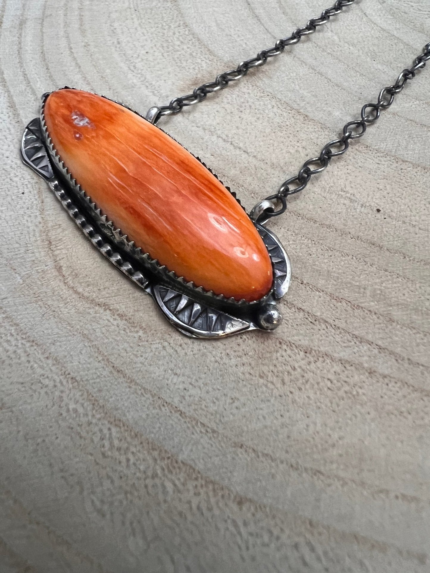 Tia Long Navajo Handmade Sterling Silver Spiny Oyster Necklace — 18" (Standard 2" Pendant)