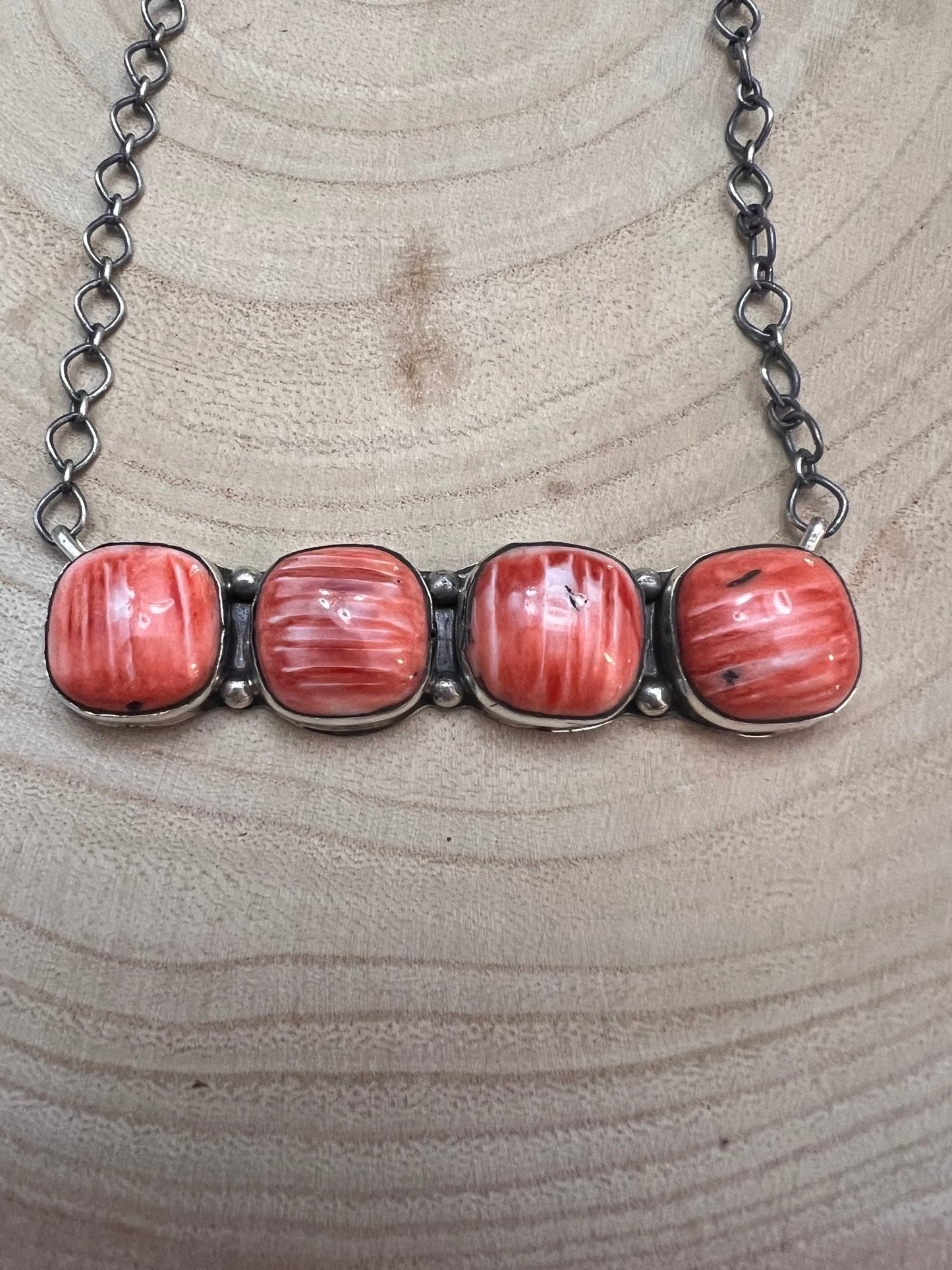 Tia Long Navajo Handmade Sterling Silver Spiny Oyster Necklace — 18" (4 Cabochons, Sterling Stamped)