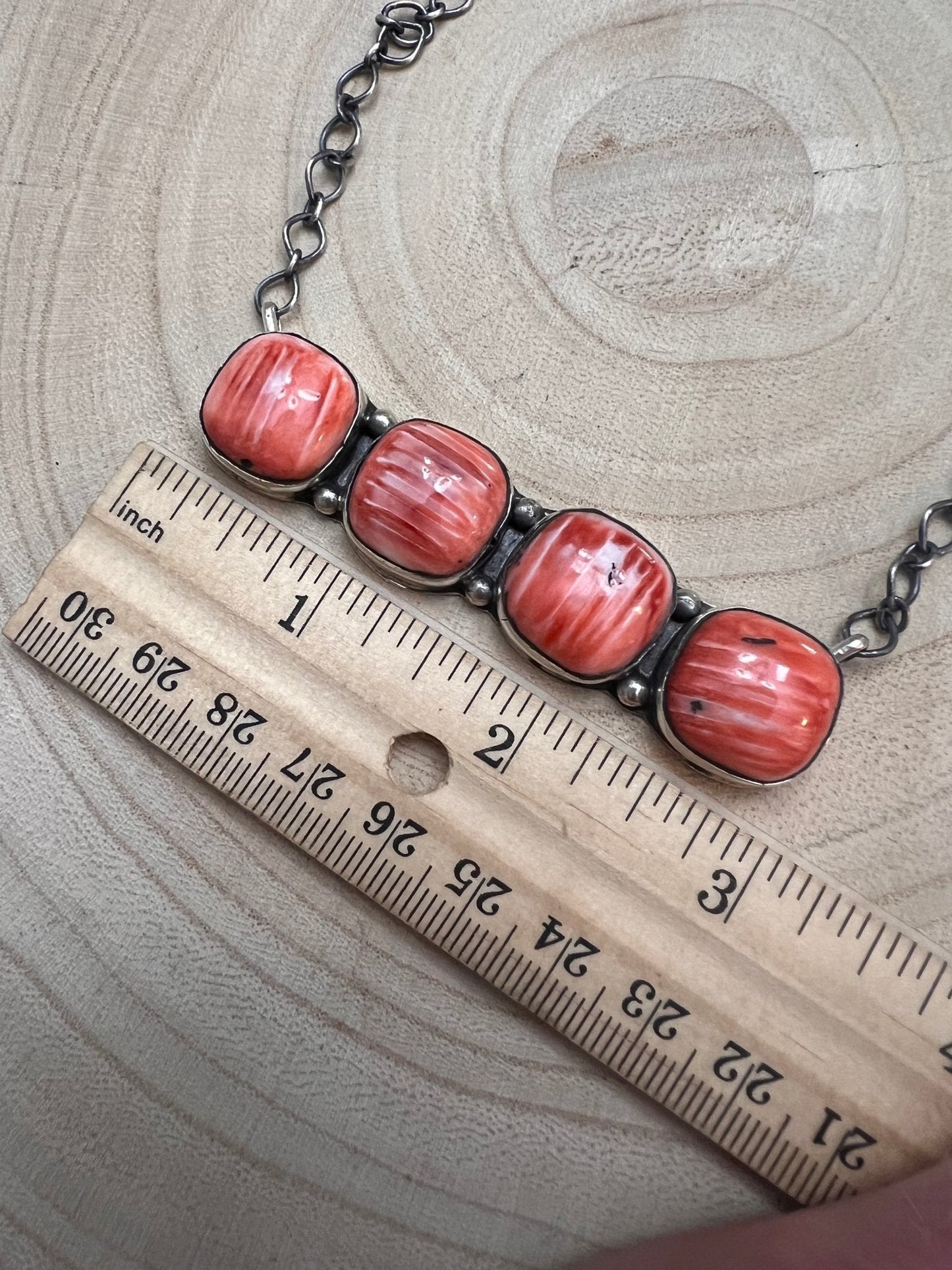 Tia Long Navajo Handmade Sterling Silver Spiny Oyster Necklace — 18" (4 Cabochons, Sterling Stamped)