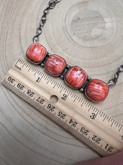 Tia Long Navajo Handmade Sterling Silver Spiny Oyster Necklace — 18" (4 Cabochons, Sterling Stamped)