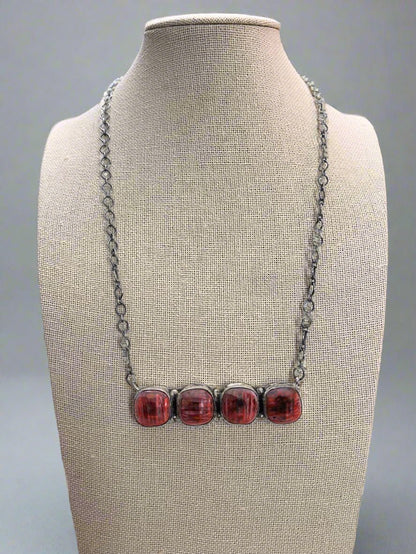 Tia Long Navajo Handmade Sterling Silver Spiny Oyster Necklace — 18" (4 Cabochons, Sterling Stamped)