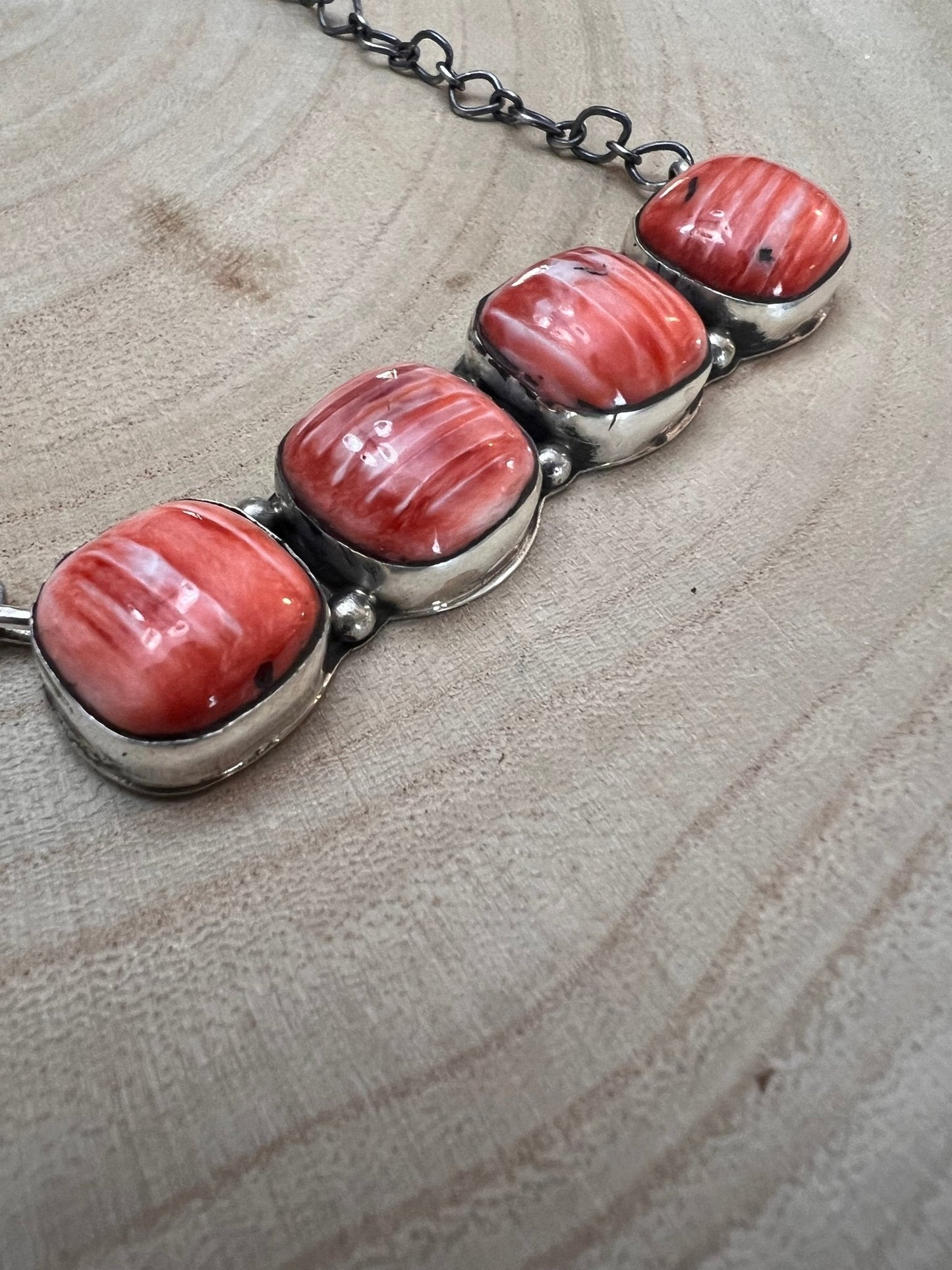 Tia Long Navajo Handmade Sterling Silver Spiny Oyster Necklace — 18" (4 Cabochons, Sterling Stamped)