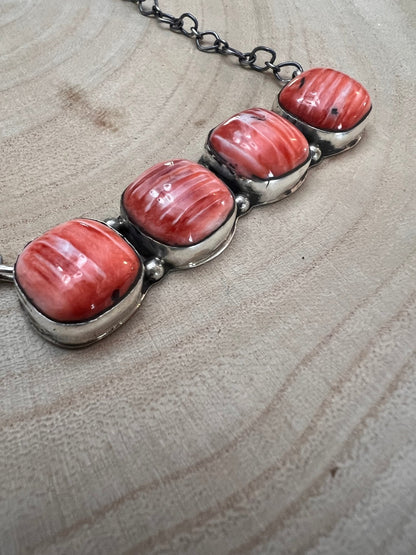 Tia Long Navajo Handmade Sterling Silver Spiny Oyster Necklace — 18" (4 Cabochons, Sterling Stamped)