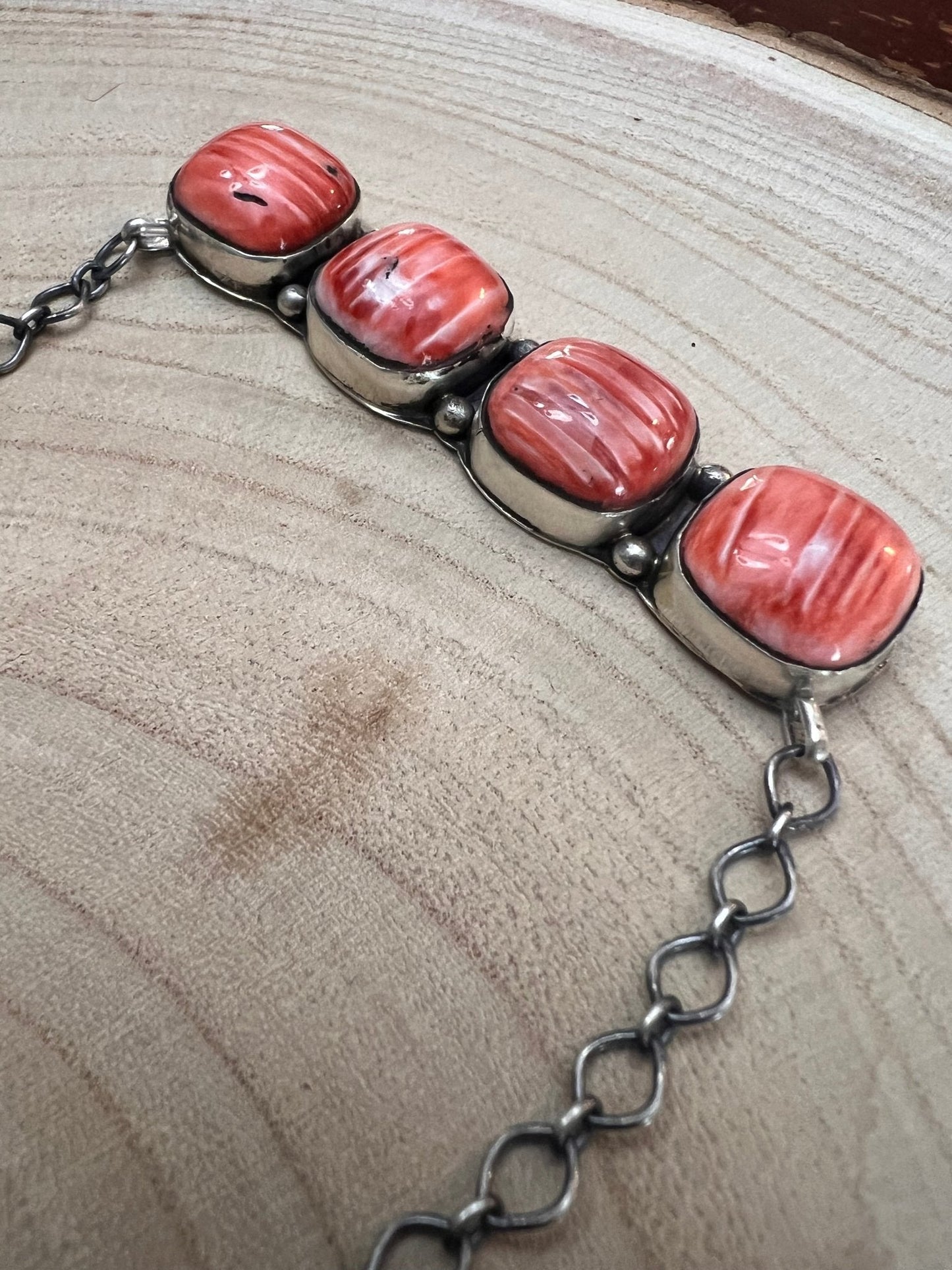 Tia Long Navajo Handmade Sterling Silver Spiny Oyster Necklace — 18" (4 Cabochons, Sterling Stamped)