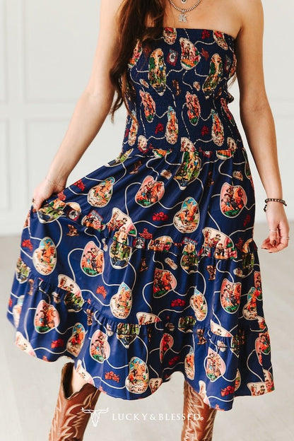 LUCKY & BLESSED Navy Retro Rodeo Print Smocked Strapless Western Midi Dress — Flowy Tiered Skirt with Vintage Rodeo Print