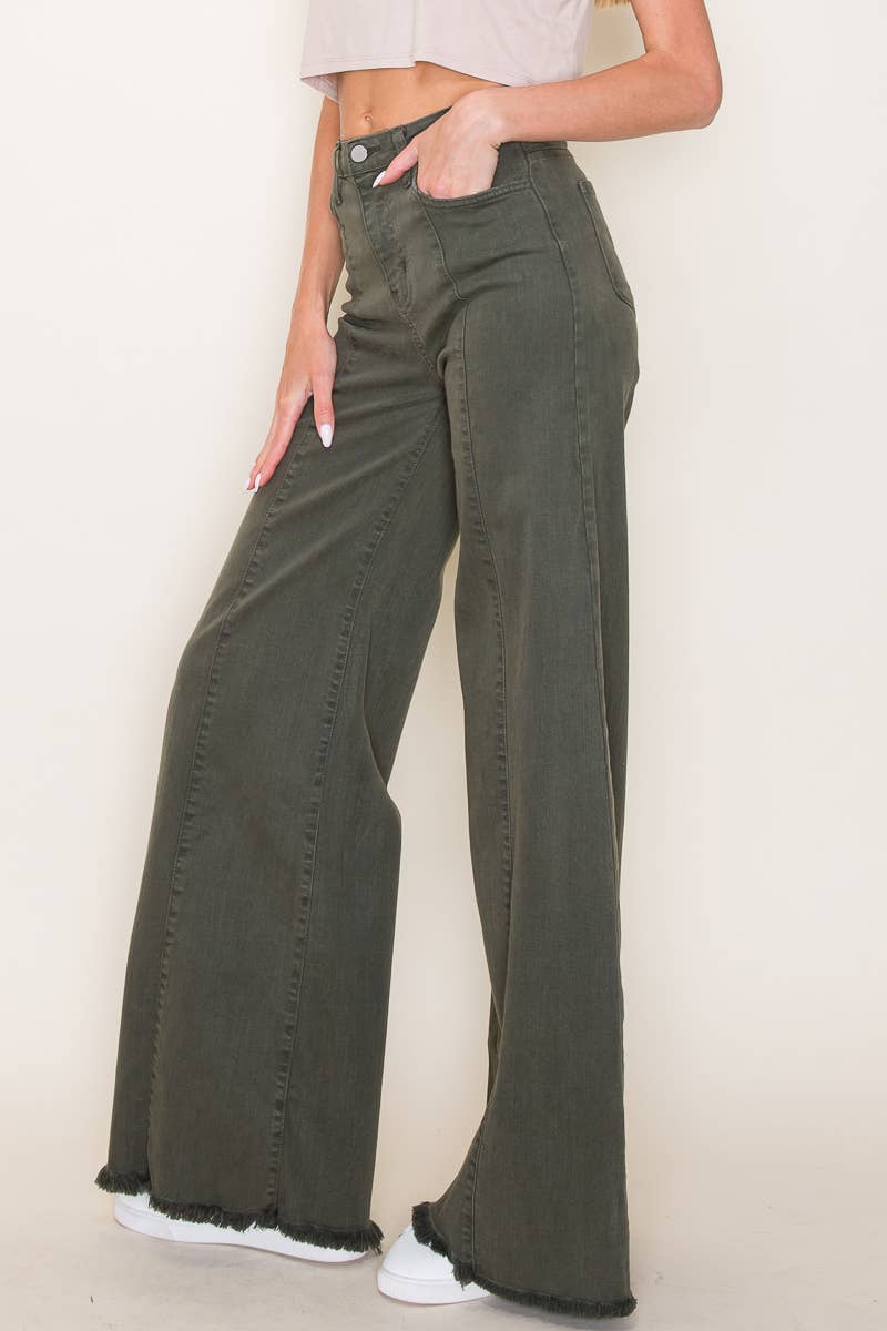 O2 Denim Front Seam Wide-Leg Western Jeans — Army Olive High-Waist Flare with Raw Hem (Made in USA)