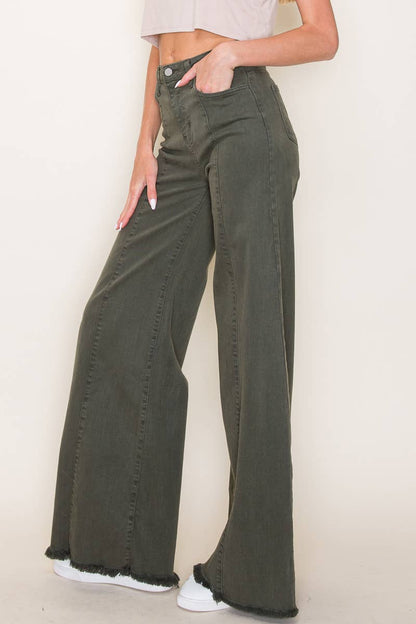 O2 Denim Front Seam Wide-Leg Western Jeans — Army Olive High-Waist Flare with Raw Hem (Made in USA)