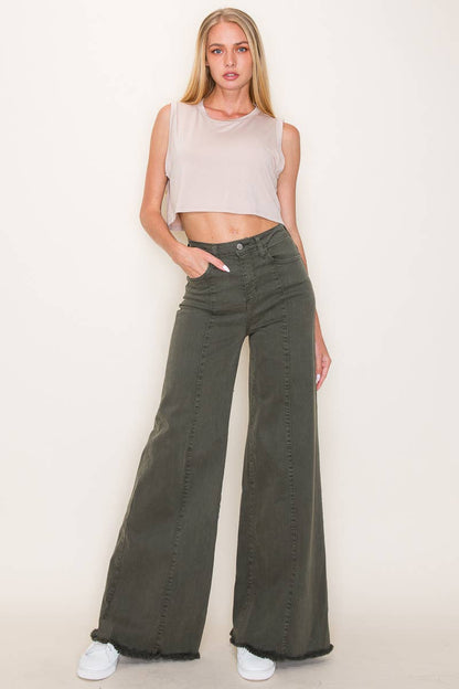 O2 Denim Front Seam Wide-Leg Western Jeans — Army Olive High-Waist Flare with Raw Hem (Made in USA)