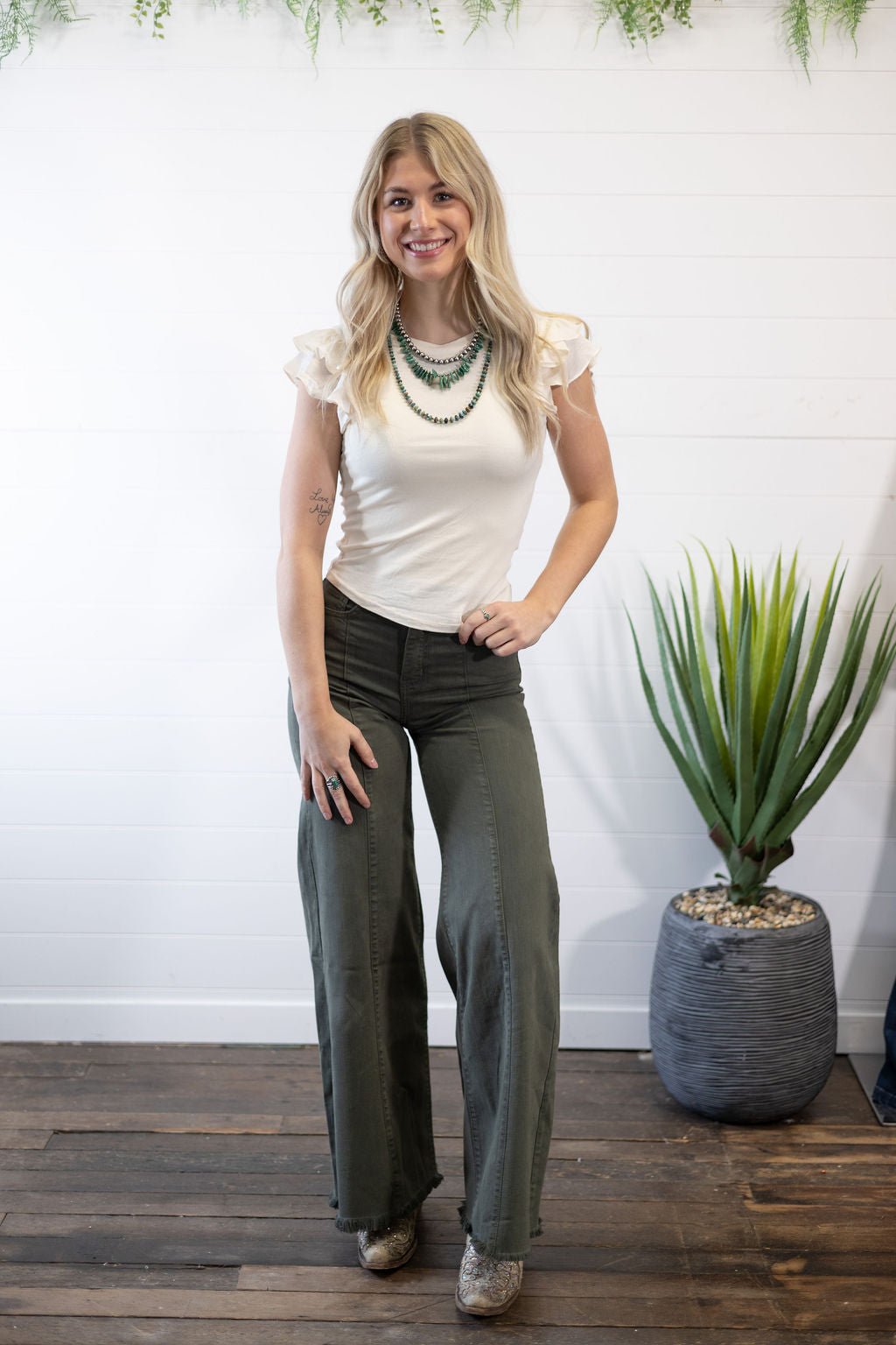 O2 Denim Front Seam Wide-Leg Western Jeans — Army Olive High-Waist Flare with Raw Hem (Made in USA)