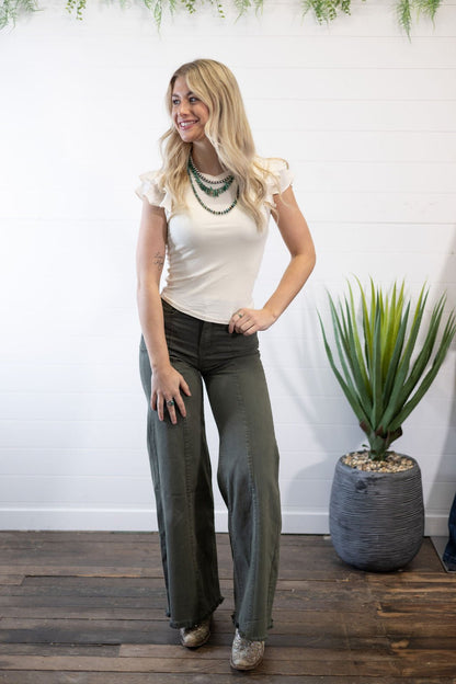 O2 Denim Front Seam Wide-Leg Western Jeans — Army Olive High-Waist Flare with Raw Hem (Made in USA)