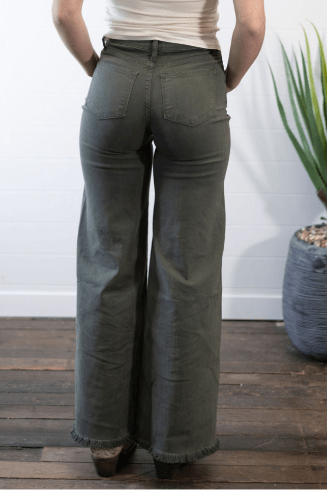 O2 Denim Front Seam Wide-Leg Western Jeans — Army Olive High-Waist Flare with Raw Hem (Made in USA)