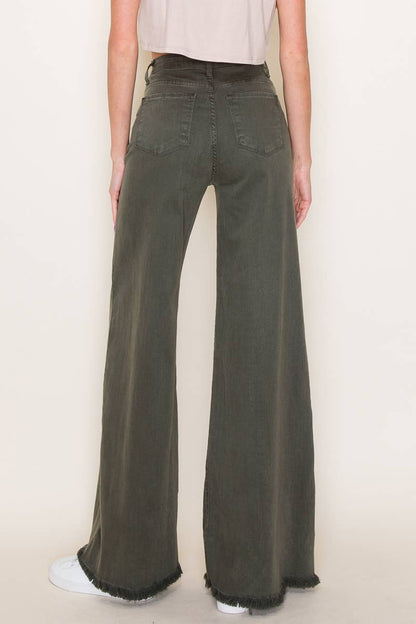 O2 Denim Front Seam Wide-Leg Western Jeans — Army Olive High-Waist Flare with Raw Hem (Made in USA)