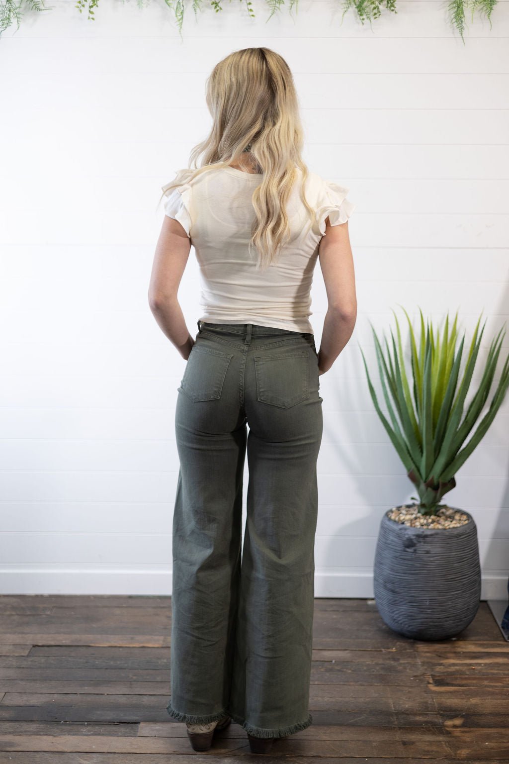 O2 Denim Front Seam Wide-Leg Western Jeans — Army Olive High-Waist Flare with Raw Hem (Made in USA)
