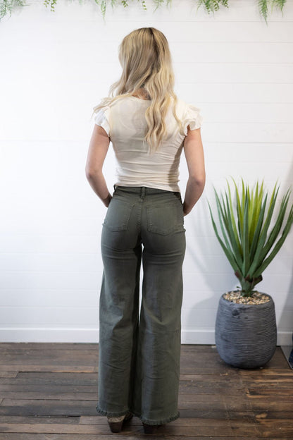 O2 Denim Front Seam Wide-Leg Western Jeans — Army Olive High-Waist Flare with Raw Hem (Made in USA)