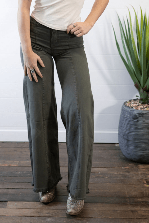 O2 Denim Front Seam Wide-Leg Western Jeans — Army Olive High-Waist Flare with Raw Hem (Made in USA)