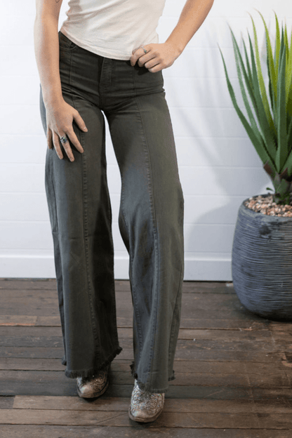 O2 Denim Front Seam Wide-Leg Western Jeans — Army Olive High-Waist Flare with Raw Hem (Made in USA)