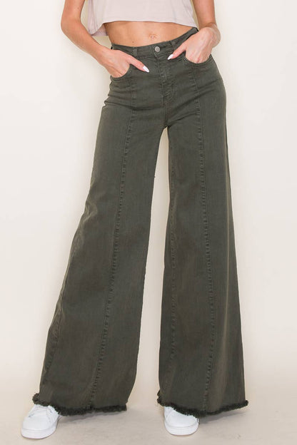 O2 Denim Front Seam Wide-Leg Western Jeans — Army Olive High-Waist Flare with Raw Hem (Made in USA)