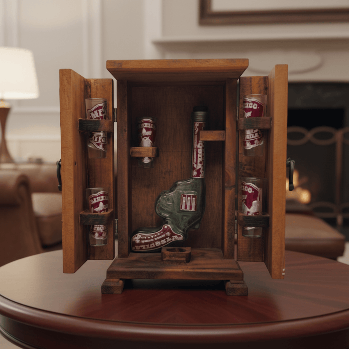 Mexican Revolver Decanter Set With 6 Shot Glasses | Wooden Box