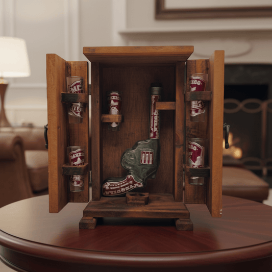 Mexican Revolver Decanter Set With 6 Shot Glasses | Wooden Box