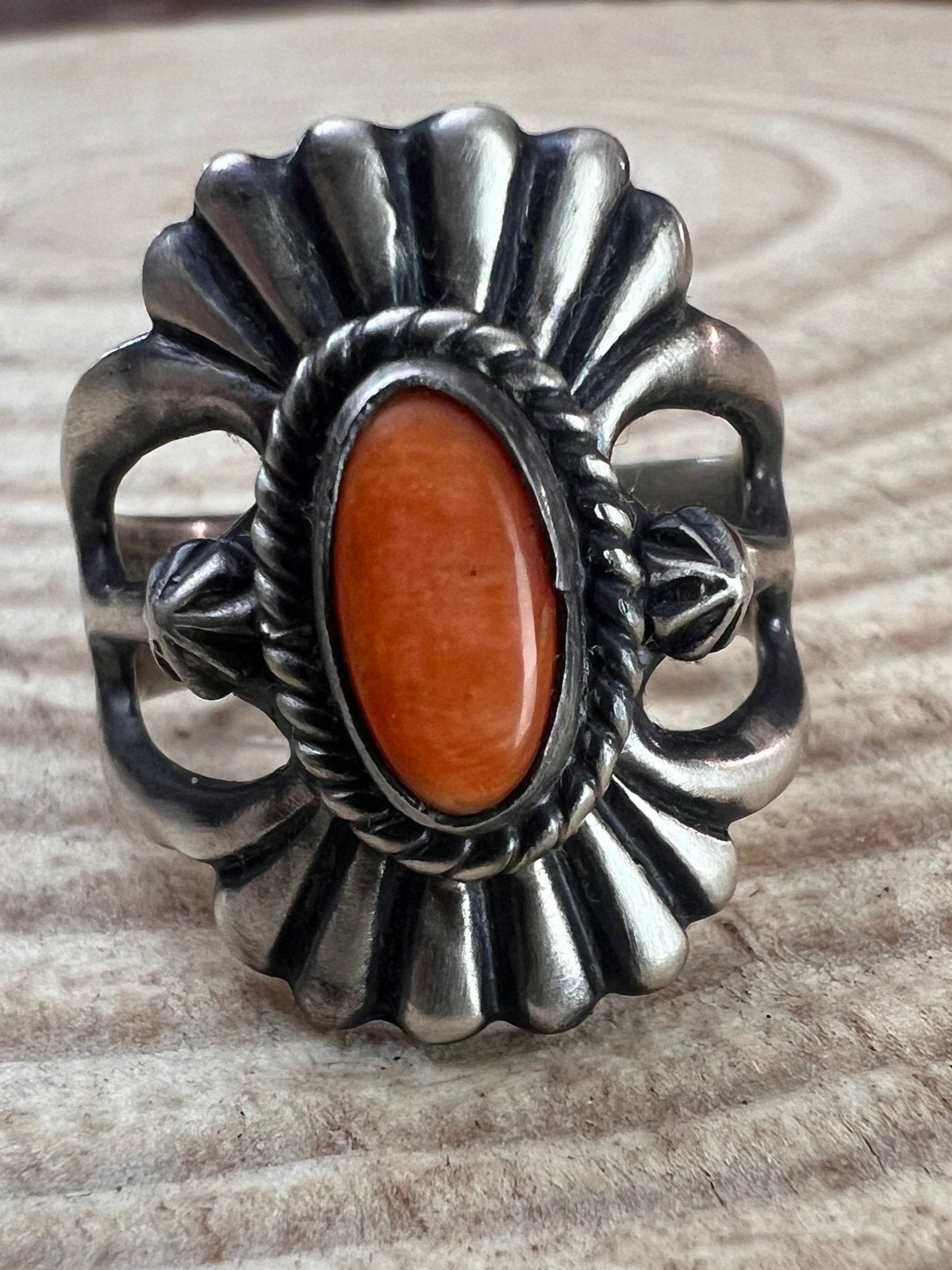 Victor Coriz Navajo Sandcast Sterling Silver Ring with Orange Spiny Oyster — Size 8.5 (Thunderbird)