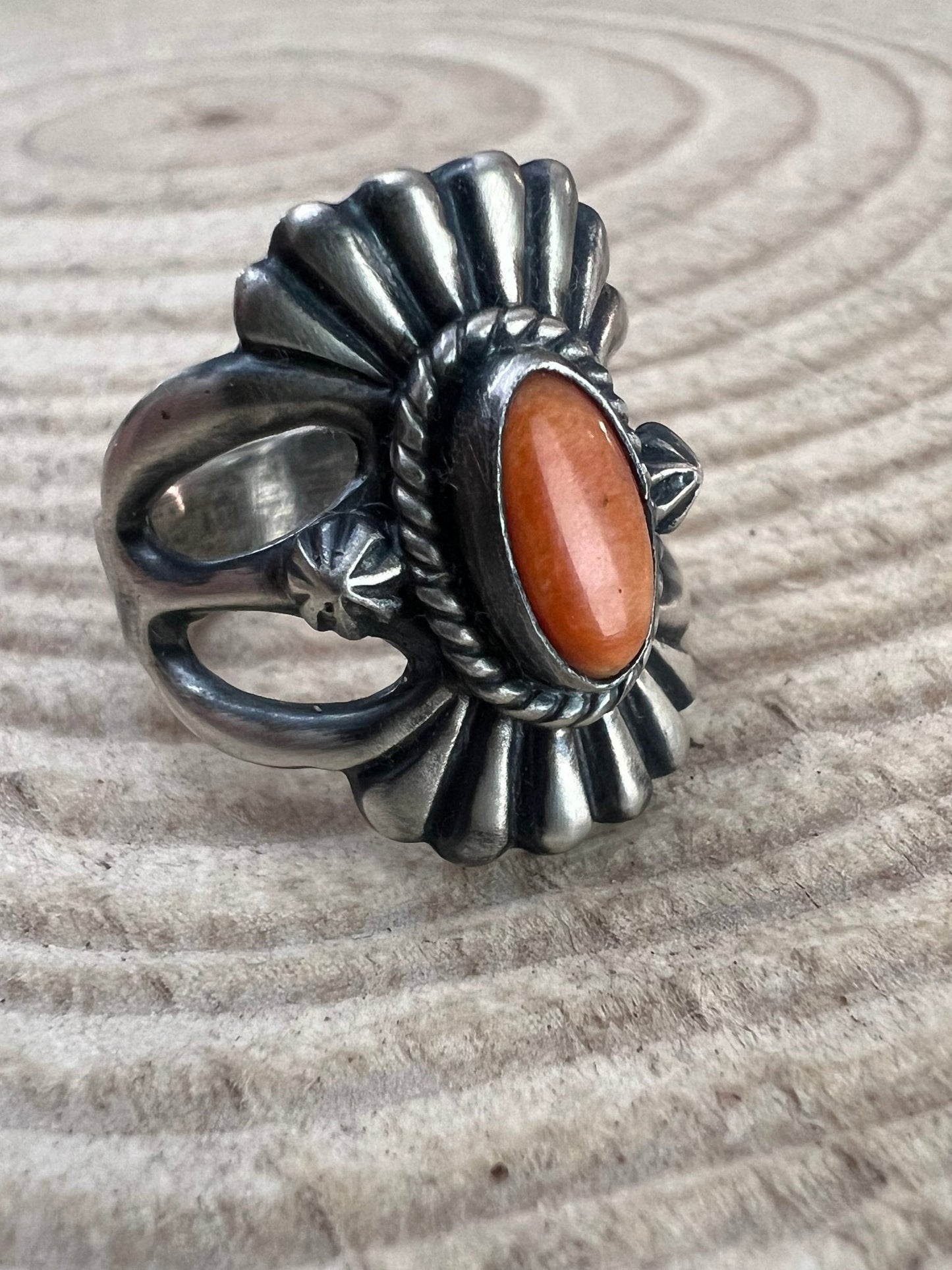 Victor Coriz Navajo Sandcast Sterling Silver Ring with Orange Spiny Oyster — Size 8.5 (Thunderbird)