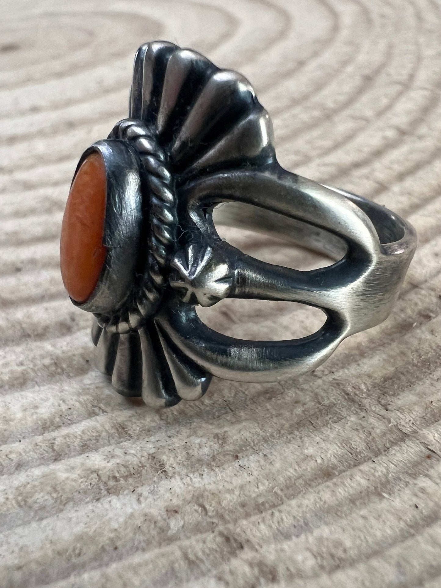 Victor Coriz Navajo Sandcast Sterling Silver Ring with Orange Spiny Oyster — Size 8.5 (Thunderbird)
