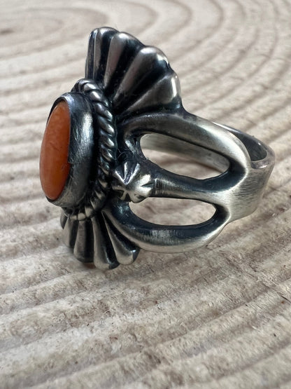 Victor Coriz Navajo Sandcast Sterling Silver Ring with Orange Spiny Oyster — Size 8.5 (Thunderbird)
